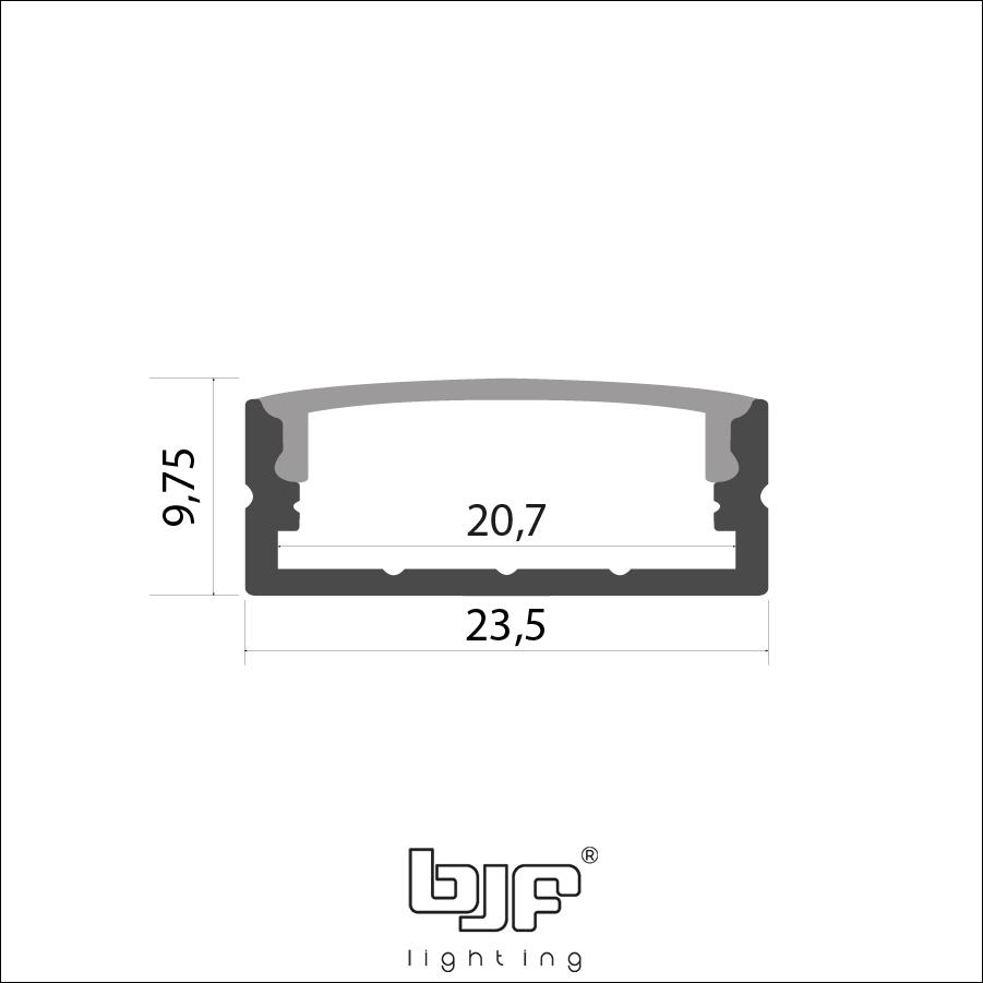 KIT PERFIL DE SUPERFICIE L518+DIFUSOR OPAL+2 TAPAS+GRAPAS PLATA 2m 2 L518 Perfil Led De Superficie Ancho 23,5X9,75Mm Esquema